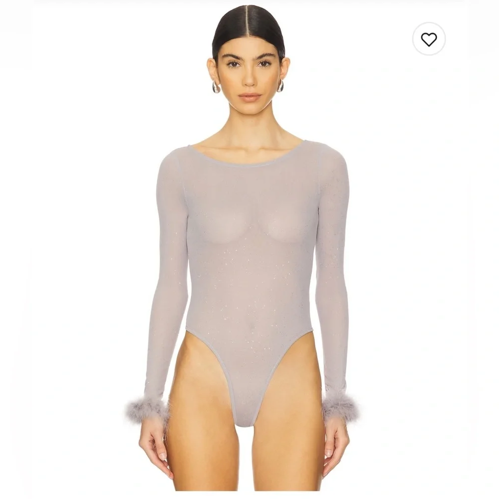 More to Come Grey Sparkle Mesh Feather Cuff Bodysuit - NWT - Size small - Picture 2 of 5
